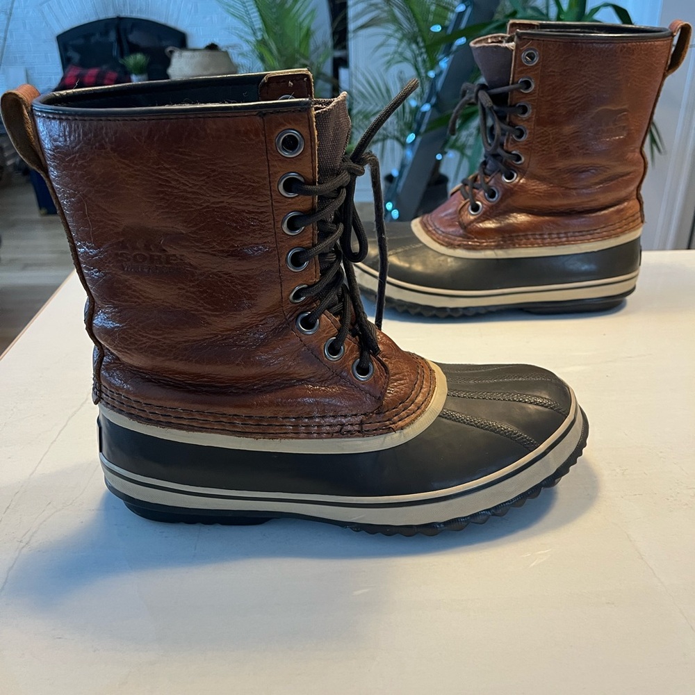 Sorel 1964 Premium Retro Brown Black Leather Rain Snow Handcrafted Boots Mens 9